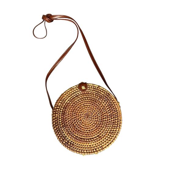 Round Rattan Straw Bag Wicker Purse Crossbody Faux Leather Strap Boho - Picture 1 of 12